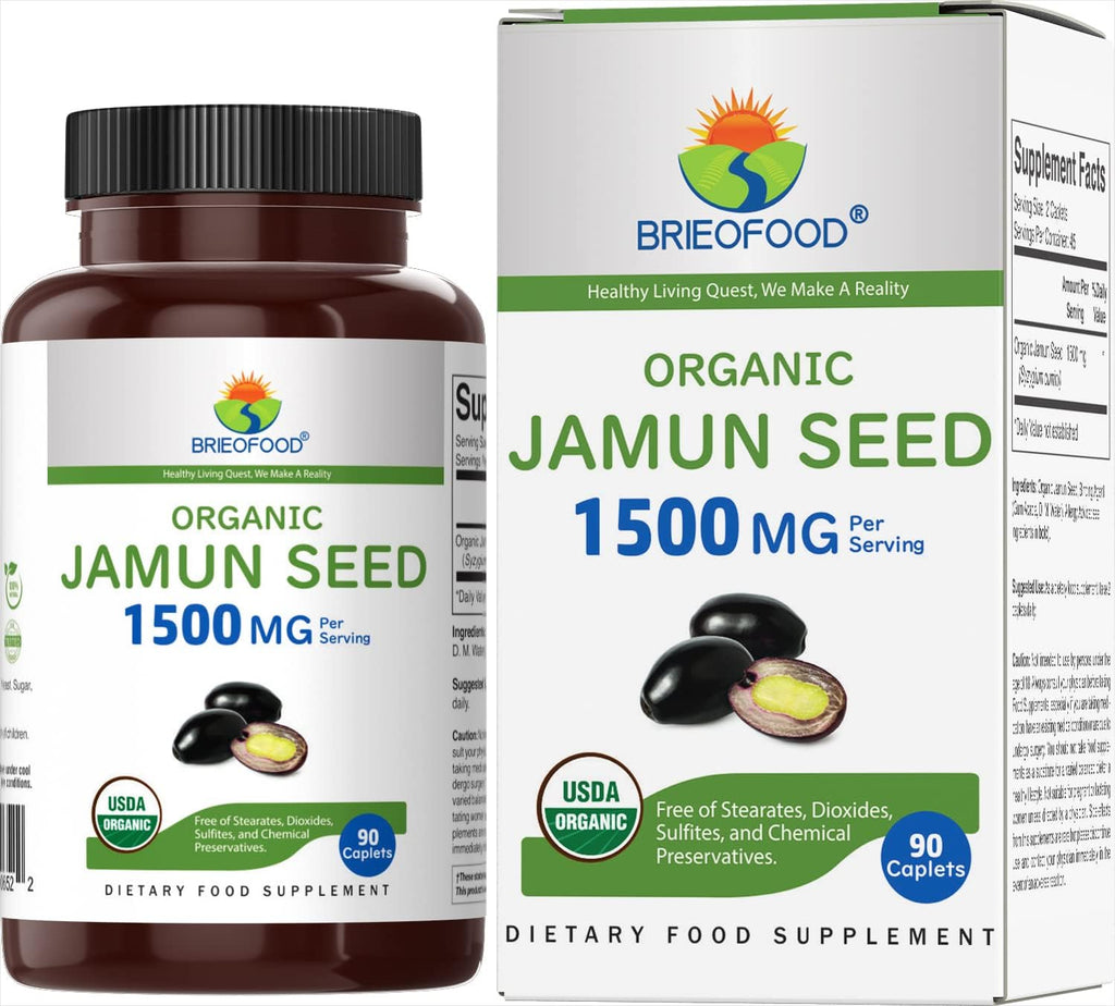 Brieofood Semilla de Jamun Orgánica 1500mg, 45 Raciones, Vegetariano, Sin Gluten, 90 Comprimidos Vegetarianos