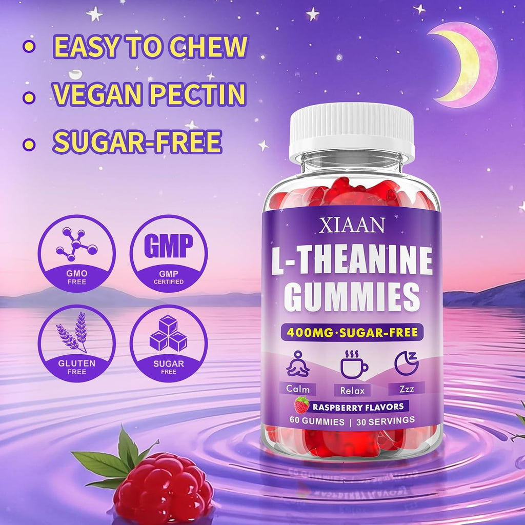 XIAAN Gominolas de L-Teanina 400mg para Calma y Relajación, Vegano, Orgánico, Sabor Frambuesa, 60 unidades