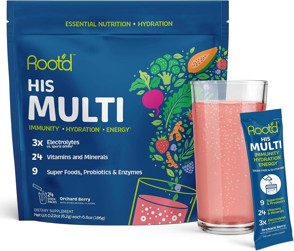 Root'd Multivitamínico en Polvo con 3X Electrolitos para Mujeres - 25 Vitaminas y Minerales, 9 Superalimentos Orgánicos, Probióticos y Enzimas | 24 Sobres