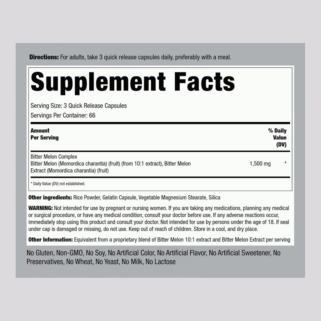 Piping Rock Cápsulas de Melón Amargo | 200 Cápsulas | Extracto Herbal Complejo | Momordica Charantia | Sin OGM, Sin Gluten
