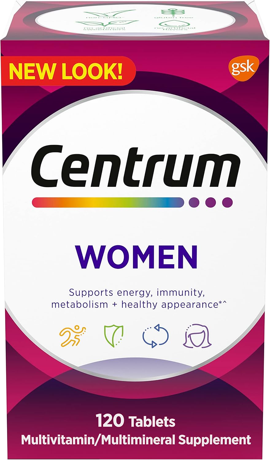 Centrum Multivitamin for Women, Multivitamínico/Multimineral con Hierro, Vitamina D3, Vitaminas B y Antioxidantes C y E, Sin Gluten, Sin OGM - 120 Comprimidos