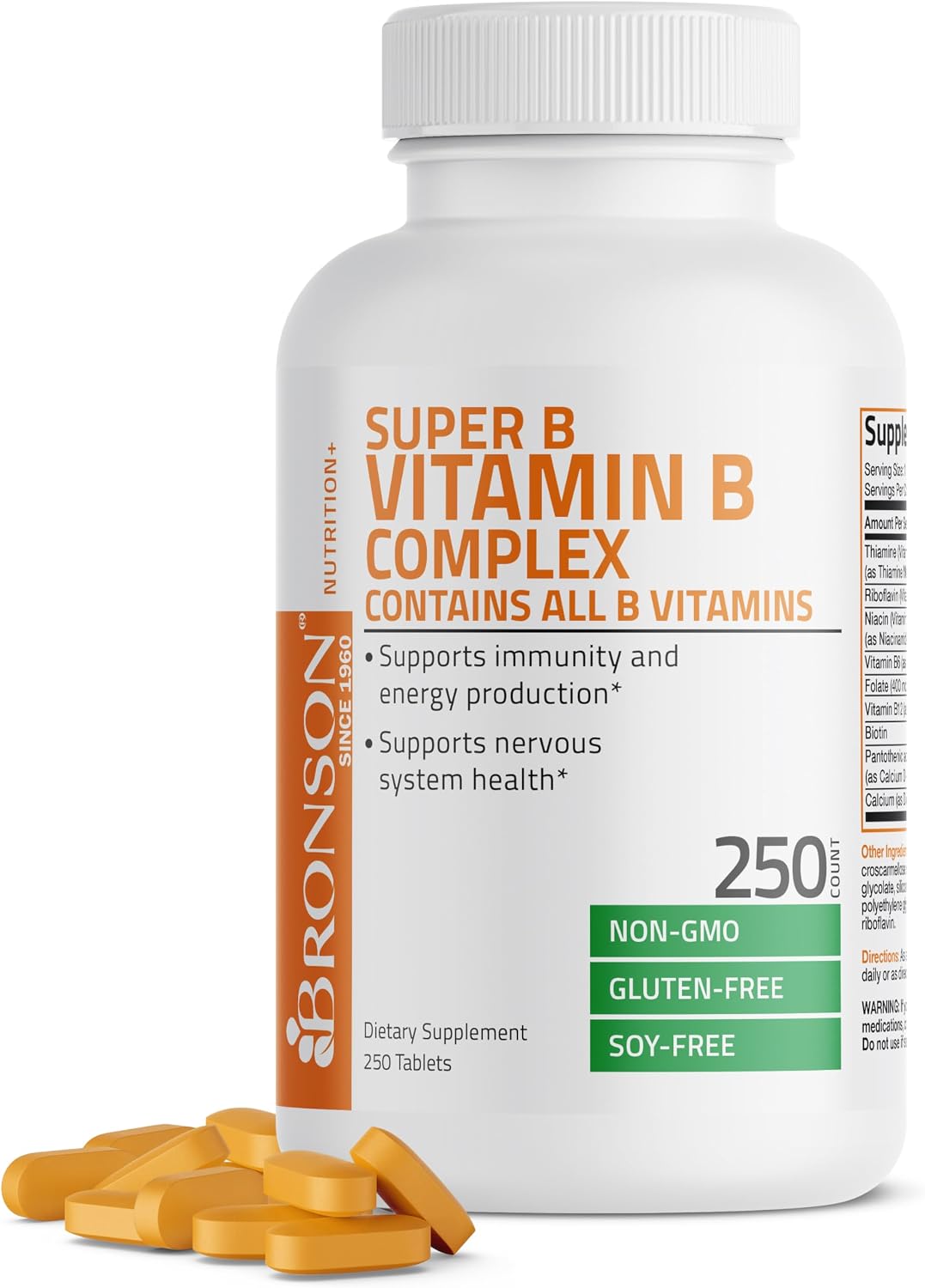 Bronson Complejo B - Vitaminas B1, B2, B3, B6, B9 (Ácido Fólico) y B12 - 250 Tablets
