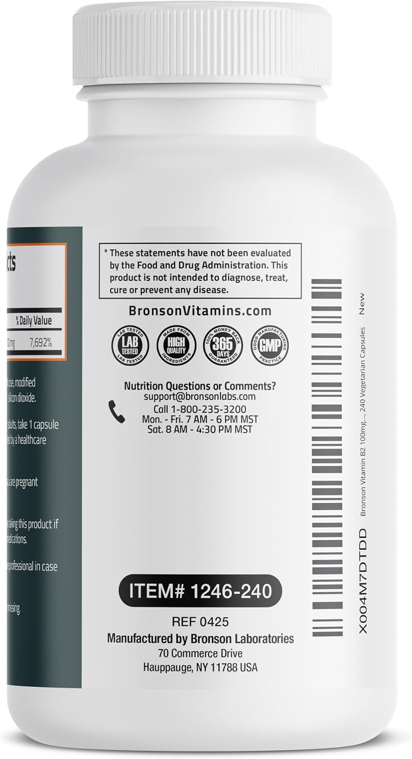 Bronson Vitamin B2 100mg Non-GMO, 240 Vegetarian Capsules