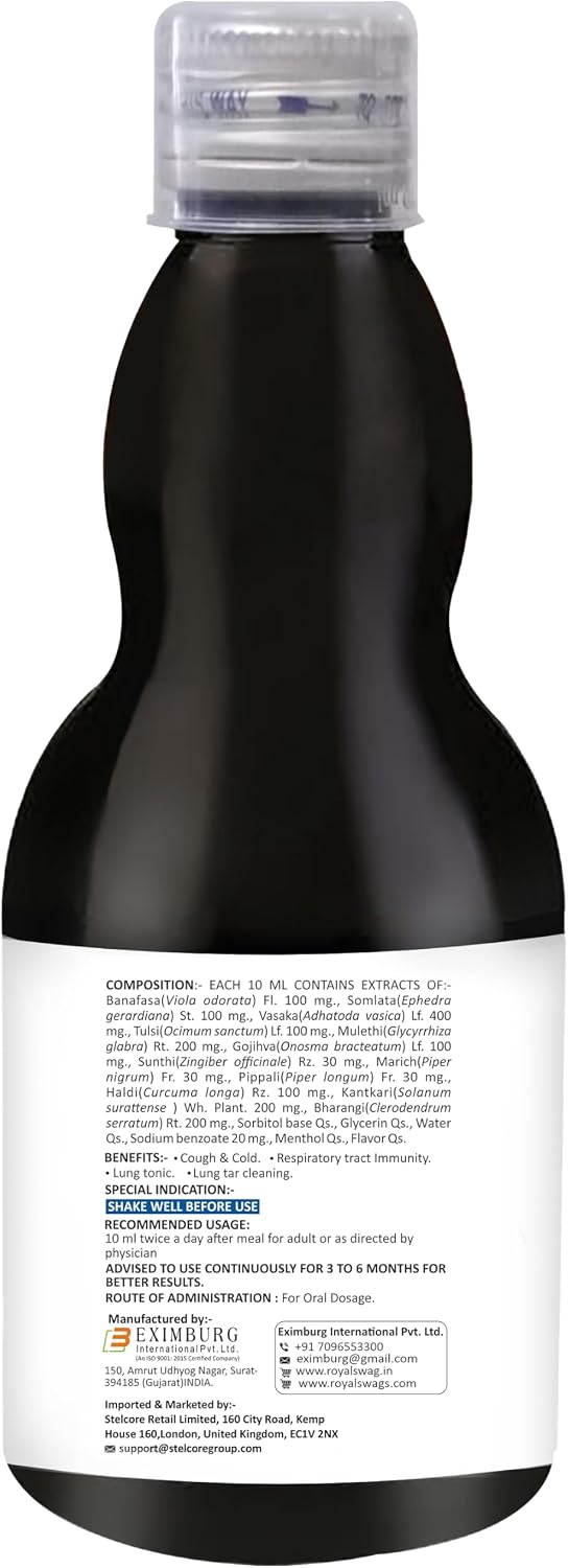 ROYAL SWAG Jarabe Ayurvédico de Desintoxicación Pulmonar 200 ml | Complemento Herbal con Tulsi, Mulethi, Vasava, Pippali y Cúrcuma | Sin Azúcar