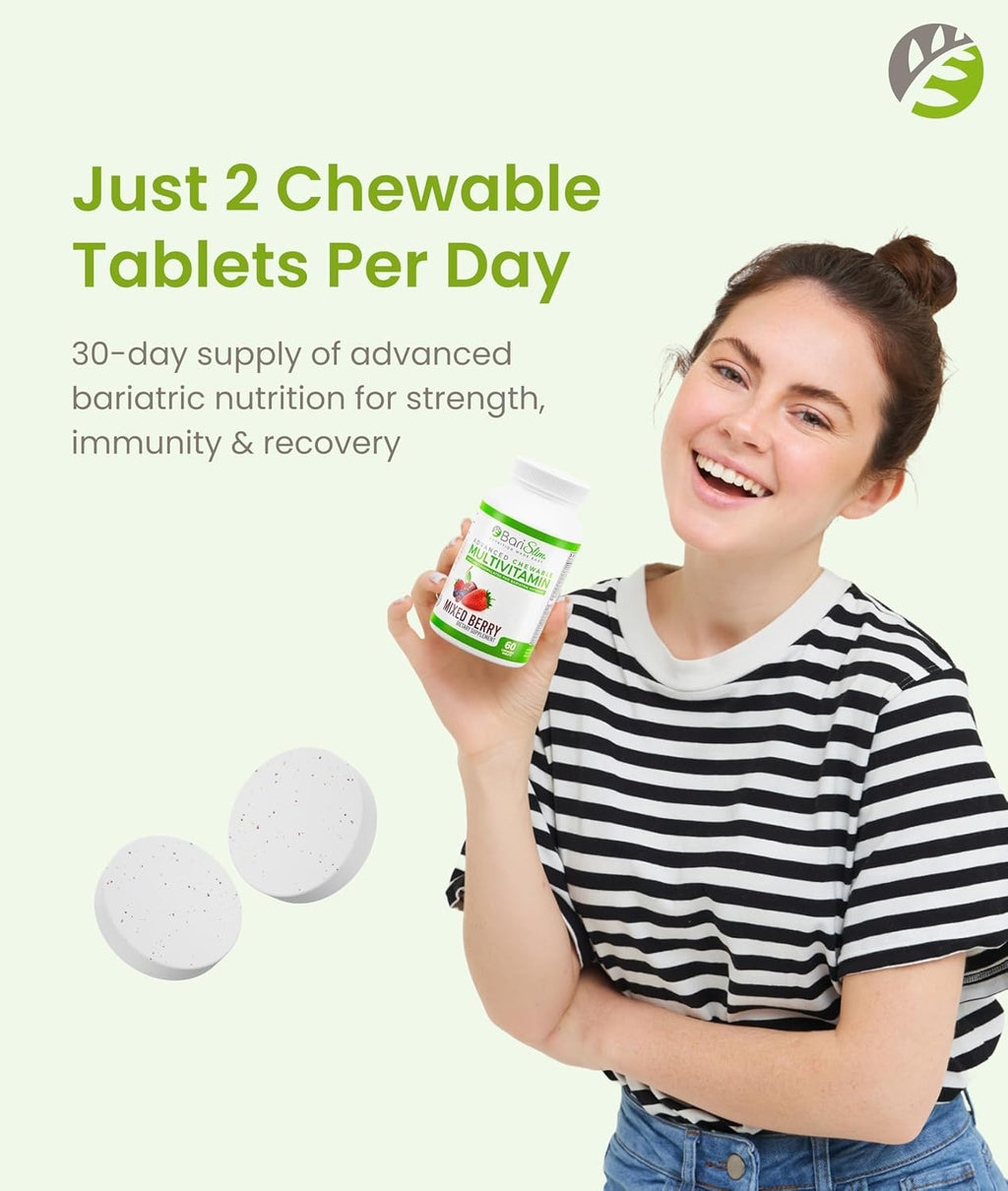 BariSlim Advanced Chewable Bariatric Multivitamin Tablets - Multivitamínico masticable para cirugía bariátrica (60 comprimidos, Sabor Berry Mix)
