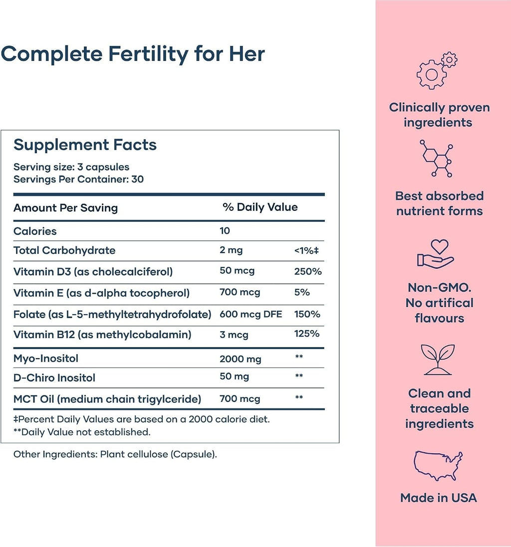 BabyRx Complete Fertility+ – Suplemento de Fertilidad con Myo-Inositol, D-Chiro Inositol, Folato, Vitamina D3 y B12 | 90 Cápsulas