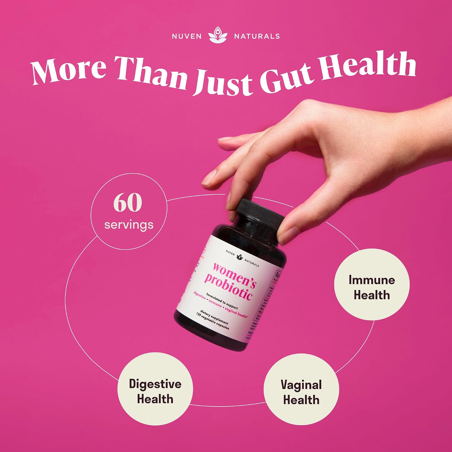 Nuven Naturals 3-en-1 Probiótico para Mujeres - 60 Dosis - 12 Cepas, Prebióticos, D-Manosa y Arándano