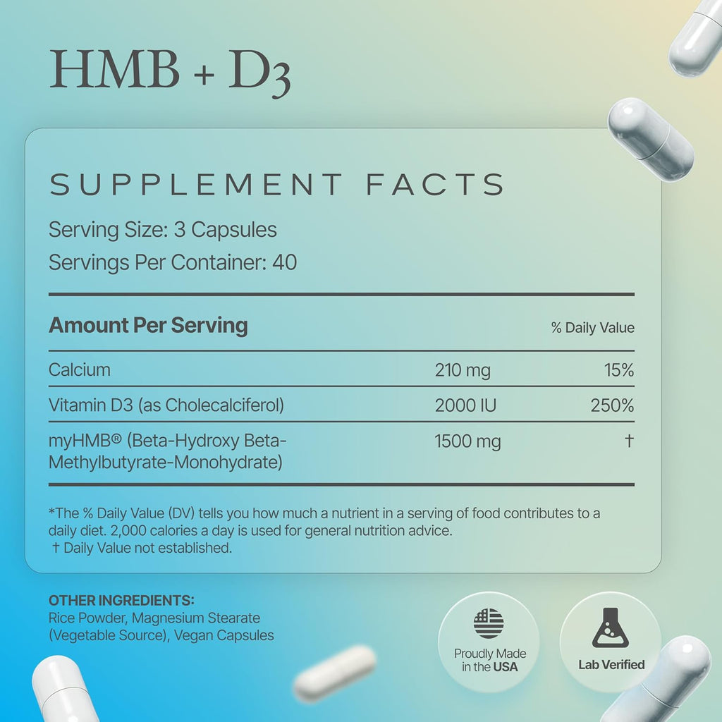 Prime Powders HMB + Vitamina D3, 1500mg HMB y 2000 UI D3 por dosis, 120 cápsulas