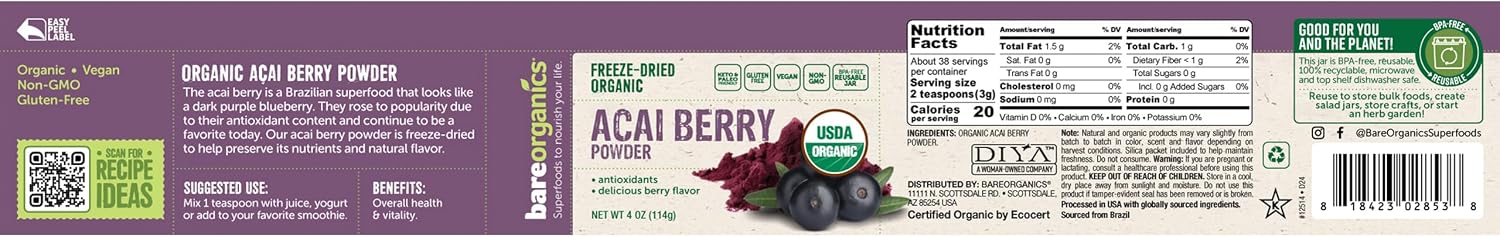BareOrganics Polvo de Acai Orgánico - Superalimento de Bayas de Acai Liofilizadas, 113 g