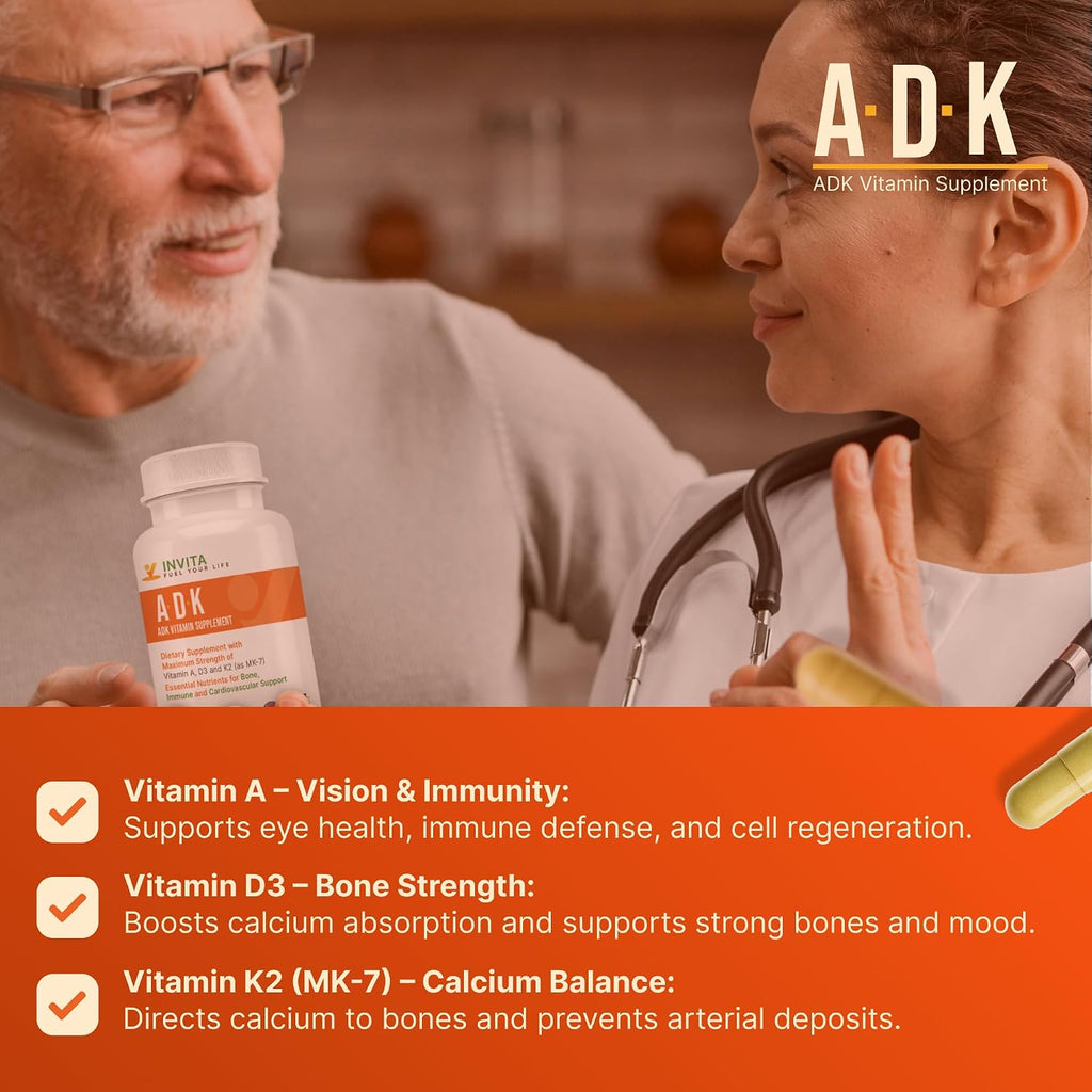 Invita, Suplemento ADK Vitaminas A, D3 5000 UI y K2 MK-7 - 90 Cápsulas