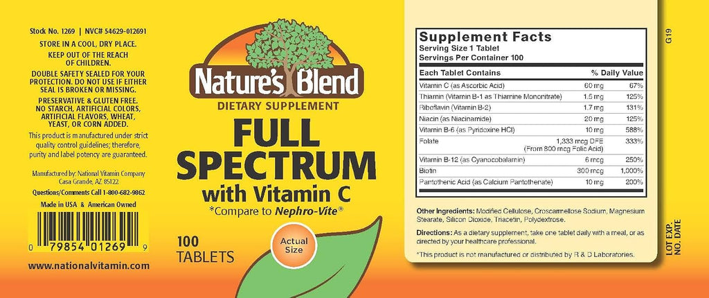 Nature's Blend Full Spectrum B con Vitamina C en Polvo, 100 Unidades