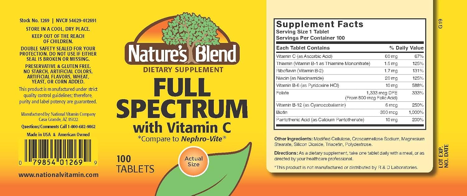 Nature's Blend Full Spectrum B con Vitamina C en Polvo, 100 Unidades
