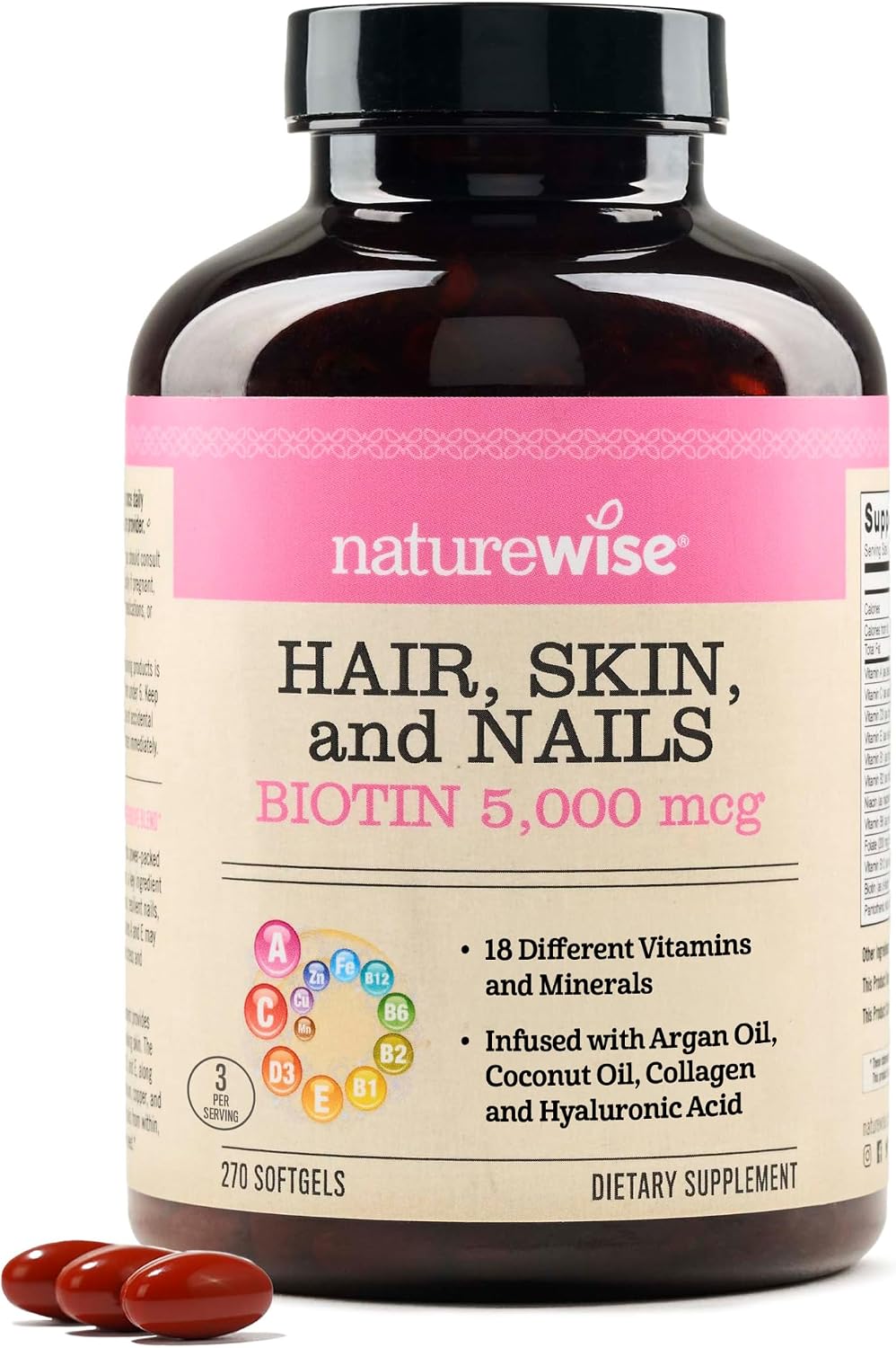 NatureWise Vitamina para Cabello, Piel y Uñas, Biotina 5000mcg con Ácido Hialurónico, Colágeno, Vitaminas C, Complejo B, D3, A, E y Hierro - No OGM, Sin Gluten - 270 Cápsulas Blandas (Suministro para 3 Meses)