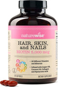 NatureWise Vitamina para Cabello, Piel y Uñas, Biotina 5000mcg con Ácido Hialurónico, Colágeno, Vitaminas C, Complejo B, D3, A, E y Hierro - No OGM, Sin Gluten - 270 Cápsulas Blandas (Suministro para 3 Meses)