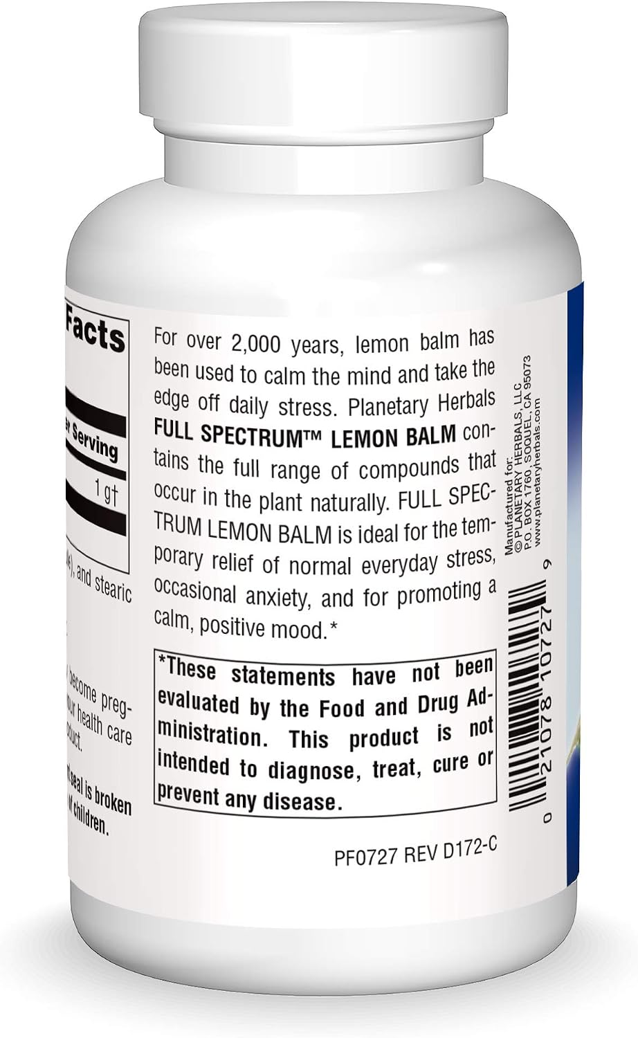Planetary Herbals Melisa (Lemon Balm) Full Spectrum 500 mg, 120 Capsules - Support for Calmness and Natural Rest