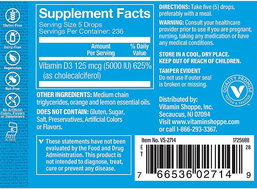 The Vitamin Shoppe Vitamina D3 Líquida 5000 UI - Sabor Cítricos