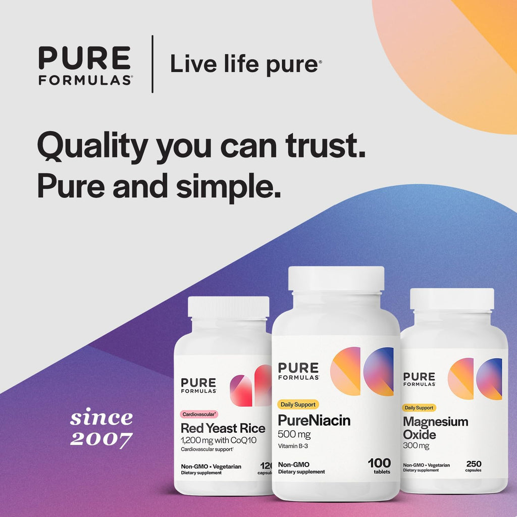 PureFormulas Pure Niacin - Vitamina B3, 500 mg Liberación Inmediata - Ácido Nicotínico - 100 Comprimidos - No OGM