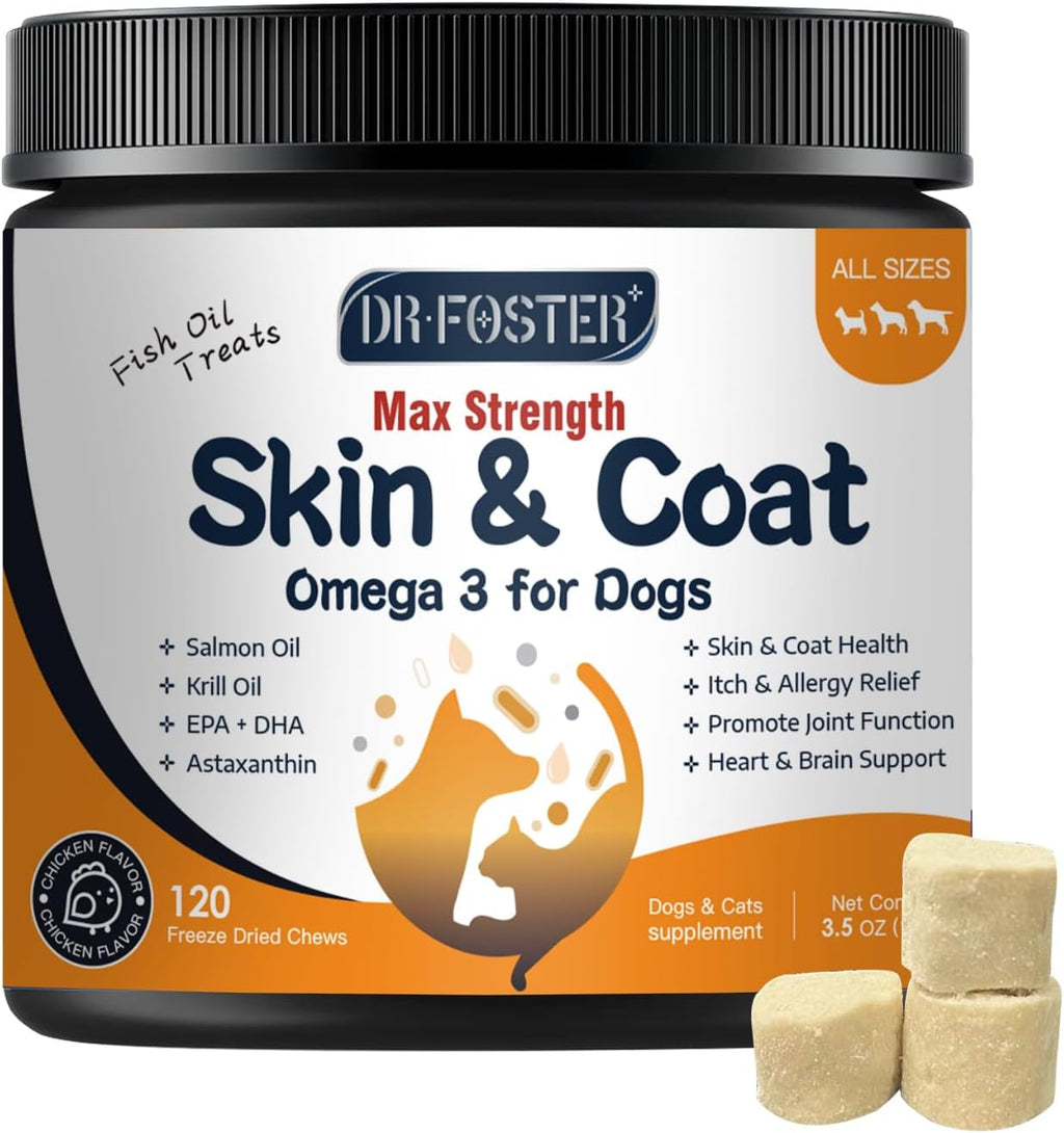 Aceite de pescado omega 3 para perros, aceite de salmón con EPA y DHA - 120 chews - DRFOSTER