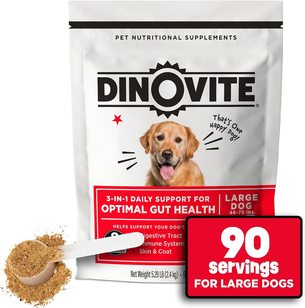 Dinovite Probióticos para Perros, Polvo para Perros Grandes (45+ lb), Apoyo Digestivo y Piel con Omega-3, 90 porciones