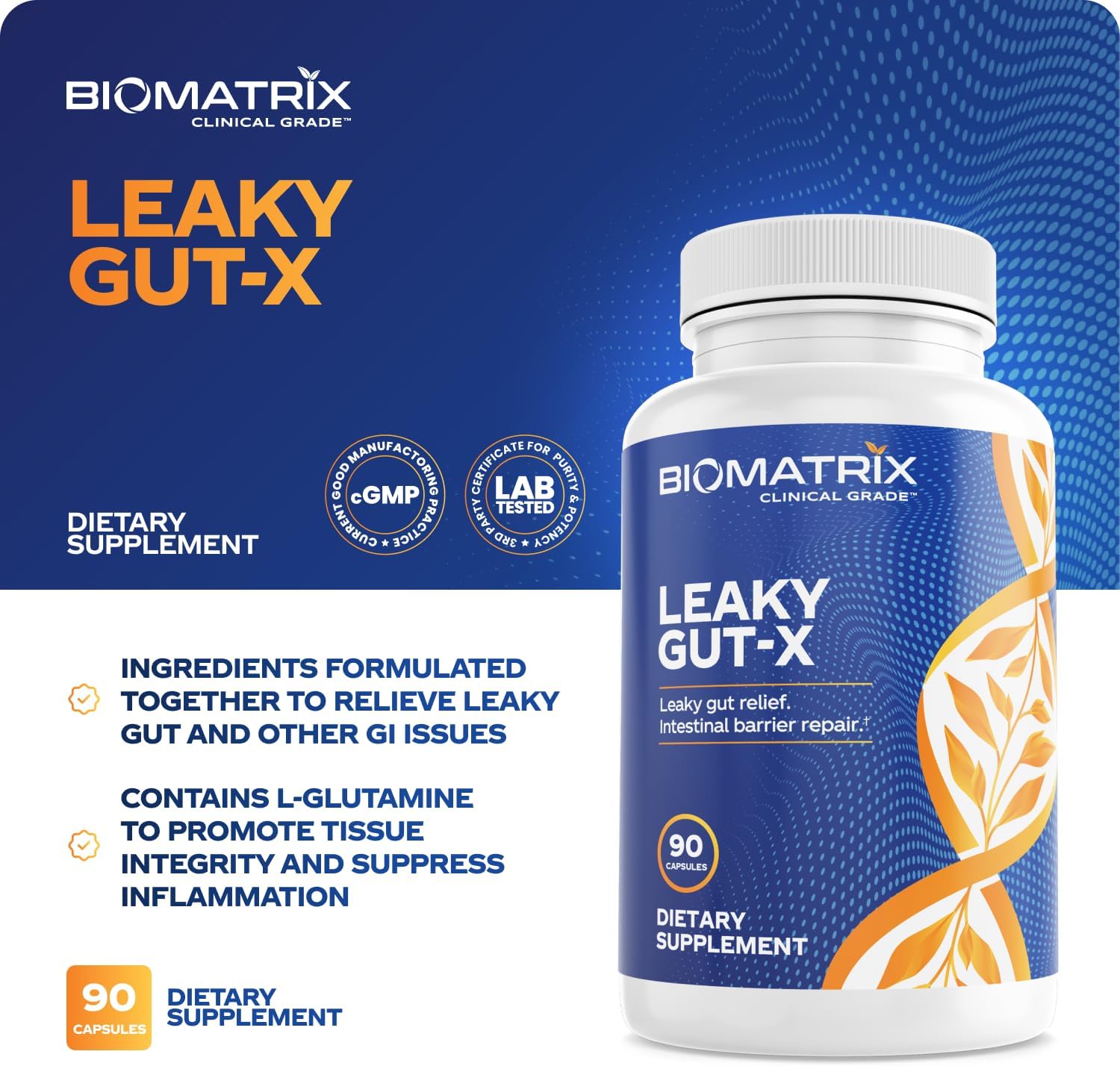 BioMatrix Leaky Gut-X - Complemento para la Reparación Intestinal con Glutamina, Quercetina, Uña de Gato, MSM, 60 Días