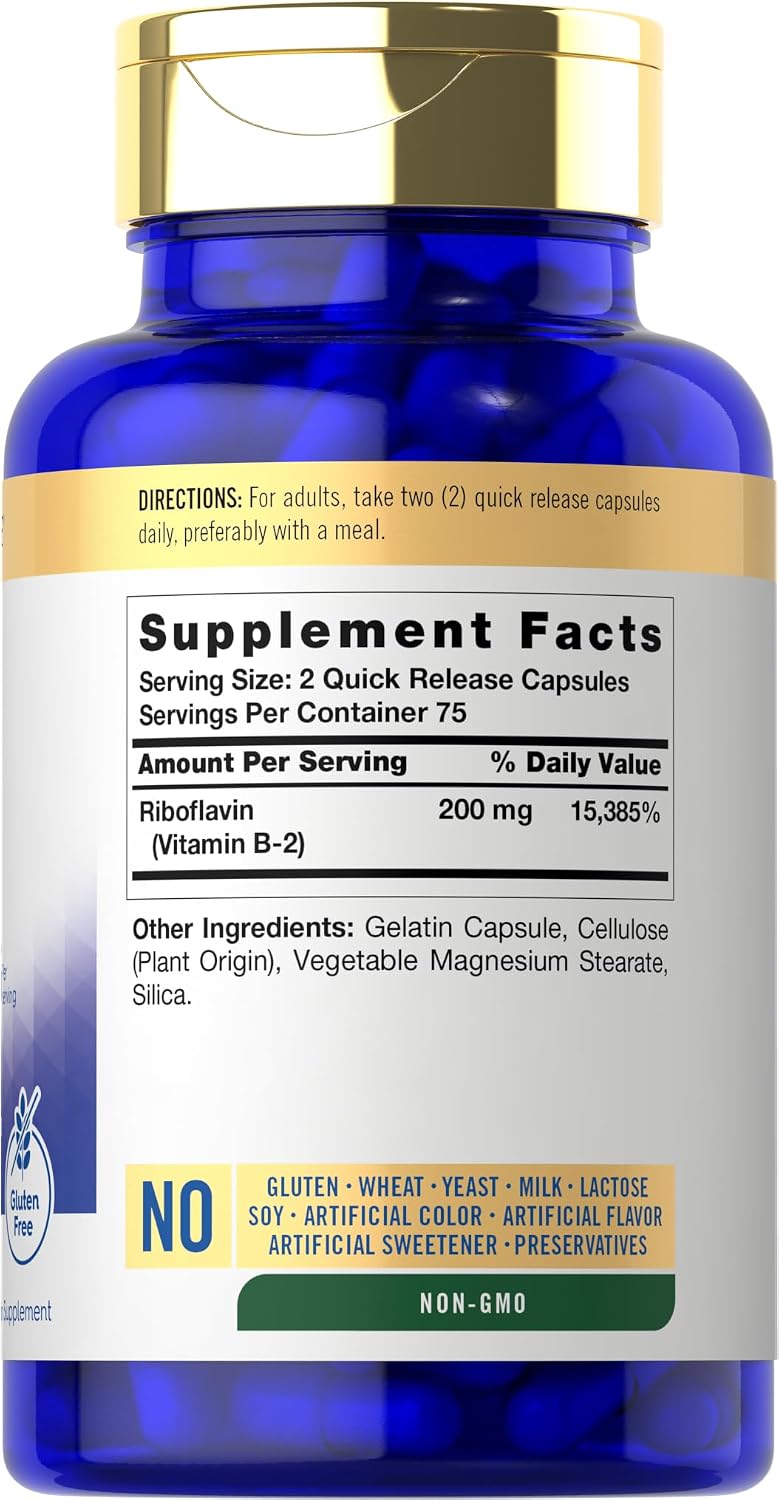 Carlyle Vitamina B2 200mg | 150 Cápsulas | Riboflavina | Sin OGM y Sin Gluten