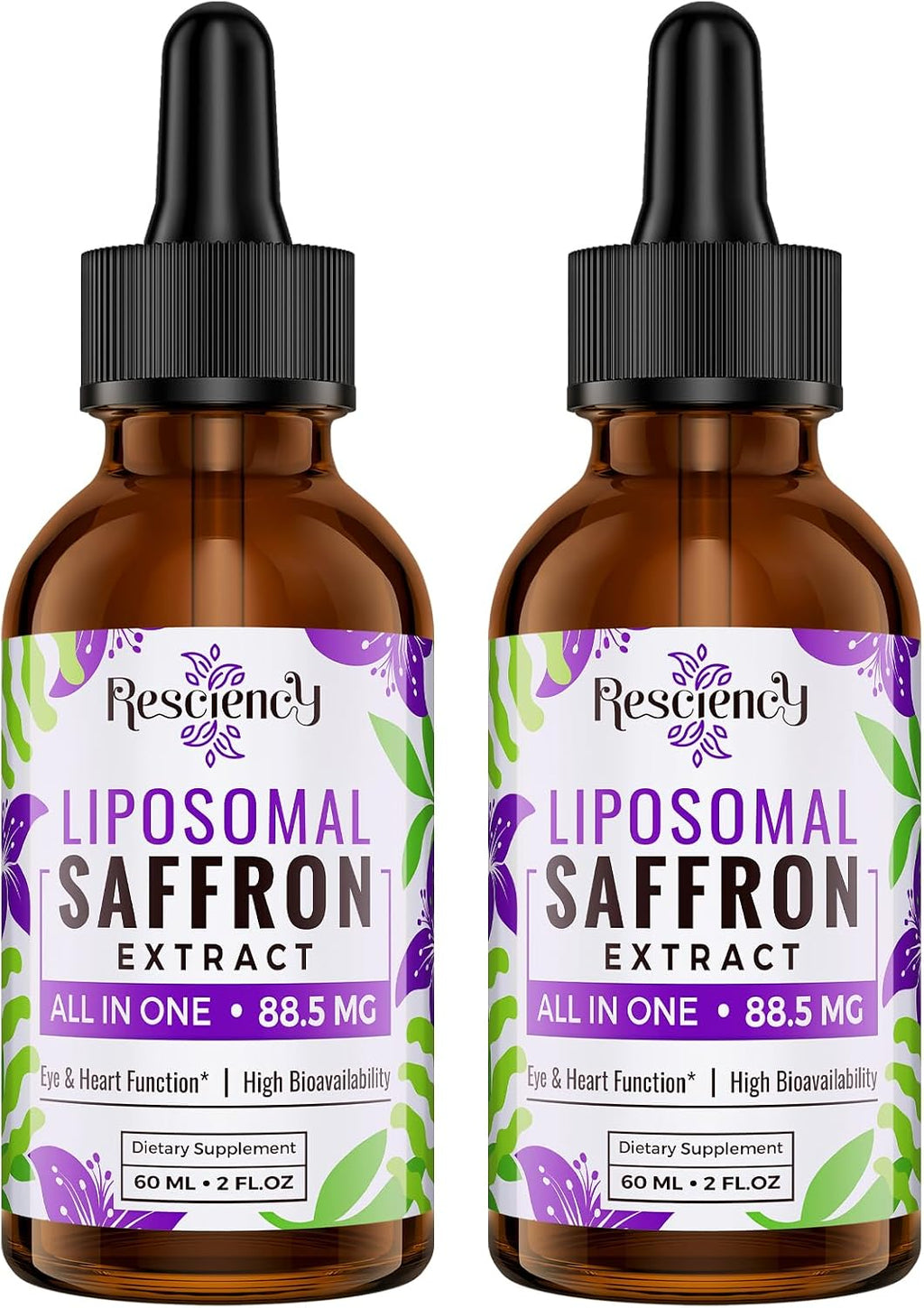 Resciency Gotas de Azafrán Liposomal 88.5mg – Extracto Líquido de Alta Biodisponibilidad con Ashwagandha, Magnesio, Zinc, Vitamina B12 y D3, 60 ml