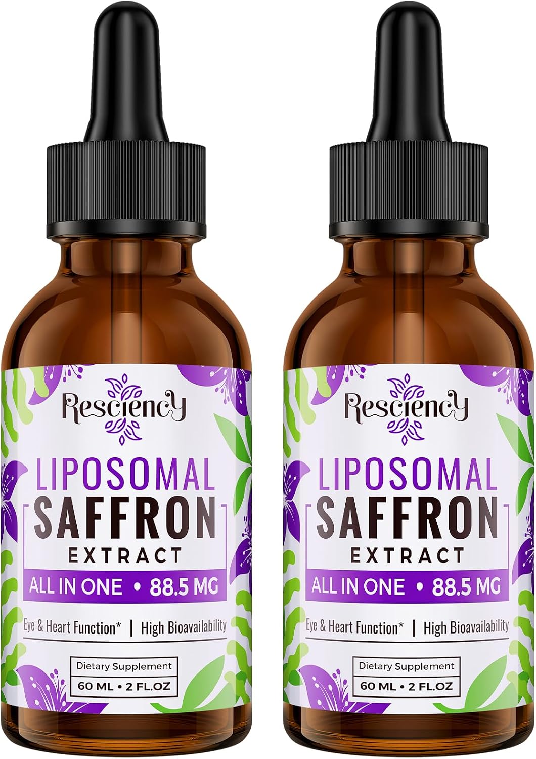 Resciency Gotas de Azafrán Liposomal 88.5mg – Extracto Líquido de Alta Biodisponibilidad con Ashwagandha, Magnesio, Zinc, Vitamina B12 y D3, 60 ml