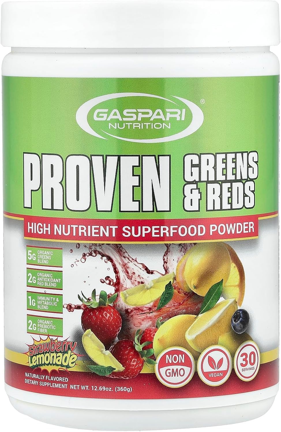 Gaspari Nutrition Greens & Reds: Superalimento Orgánico en Polvo, Fresa Limonada, 360 g (12.69 oz)