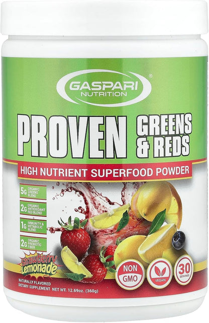 Gaspari Nutrition Greens & Reds: Superalimento Orgánico en Polvo, Fresa Limonada, 360 g (12.69 oz) – Image 1