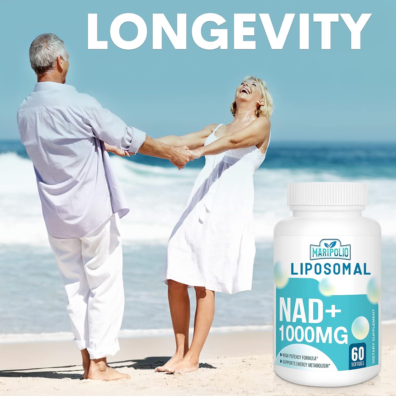 Maripolio NAD+ Liposomal 1000 mg | Alta Biodisponibilidad | Apoyo al Metabolismo Energético Celular | Suplemento de NAD+ Puro para Hombres y Mujeres, 60 Cápsulas Blandas