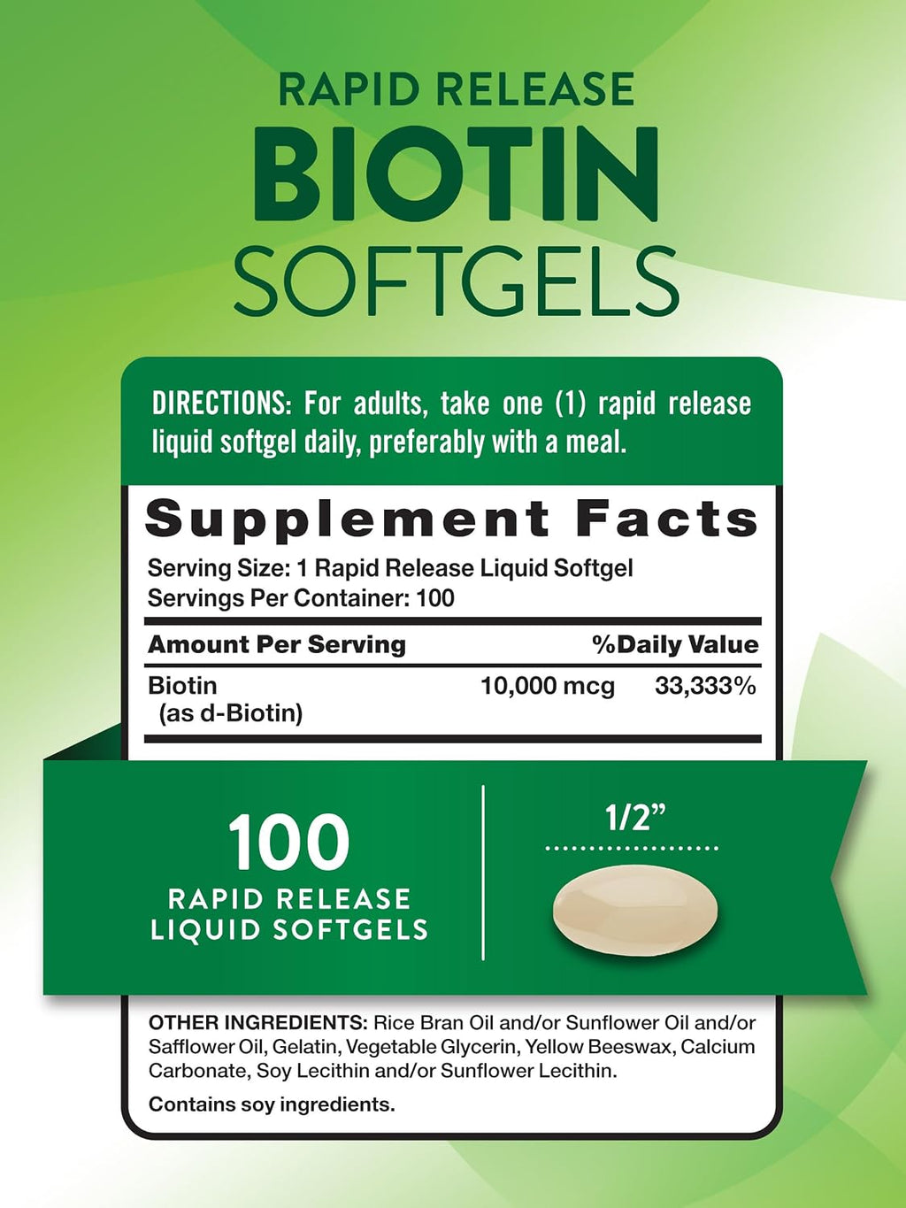 Nature's Truth Biotin 10.000 mcg | Softgels de Liberación Rápida | 100 Unidades | Sin Gluten y No GMO