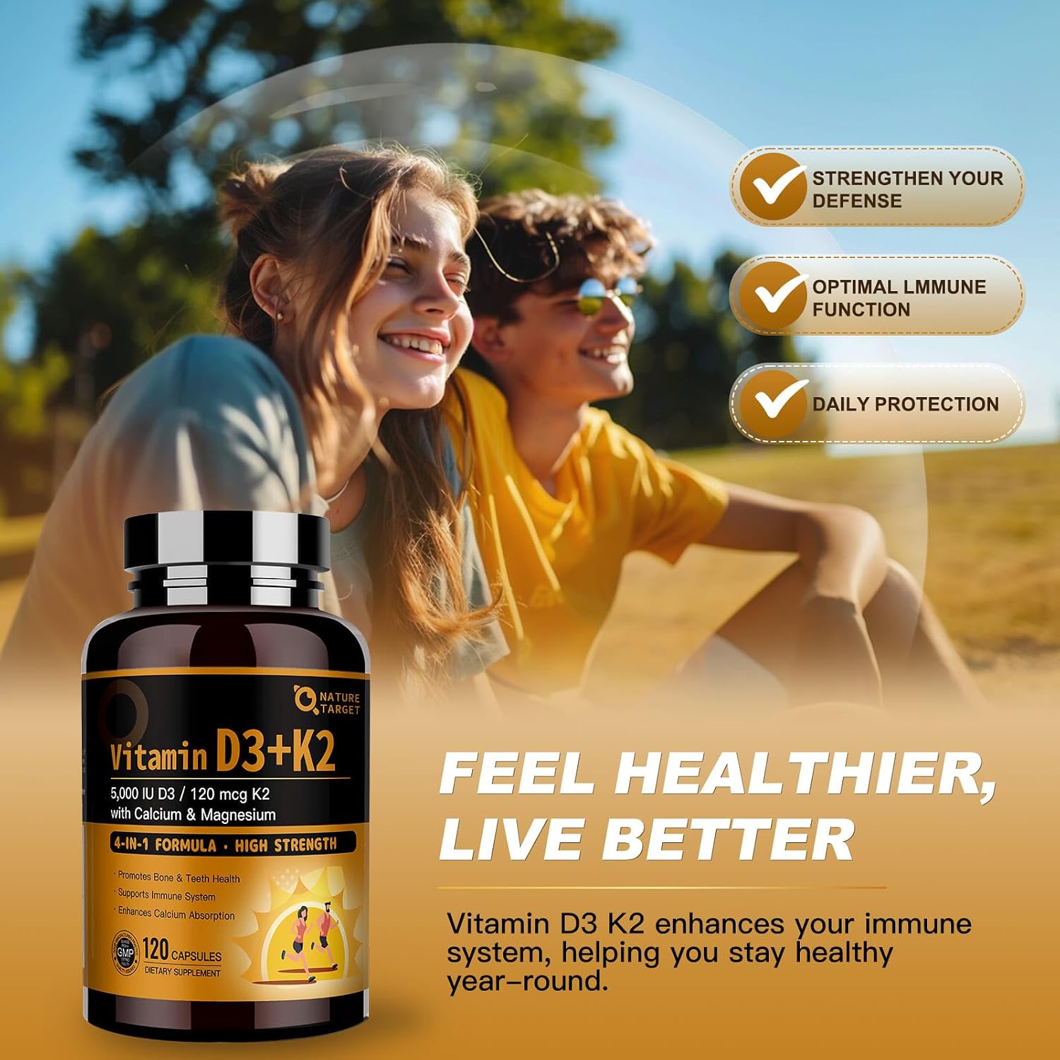 NATURE TARGET Vitamina D3 K2 con Calcio y Magnesio, 5000 UI D3 + 120 mcg K2, 120 comprimidos