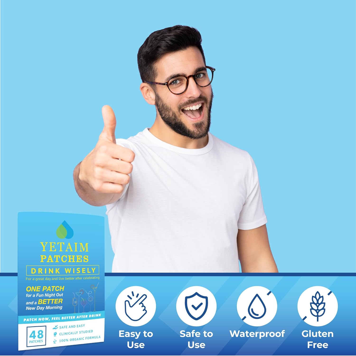 YETAIM Parches de Recuperación para Hombres y Mujeres - 48 Parches - Apoyo Energético y Recuperación Rápida - Transparente Azul