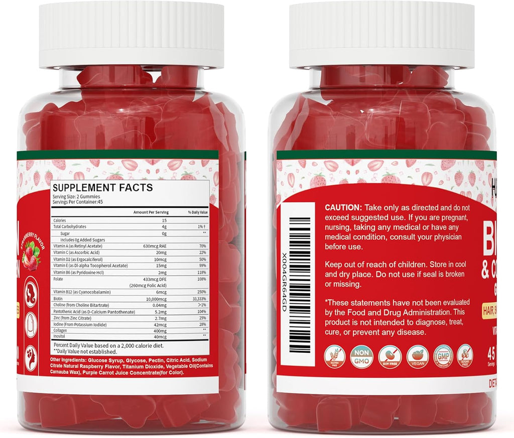 Hurdilen Biotina Colágeno Gummies 10000mcg - 90 Gominolas para Cabello, Piel y Uñas