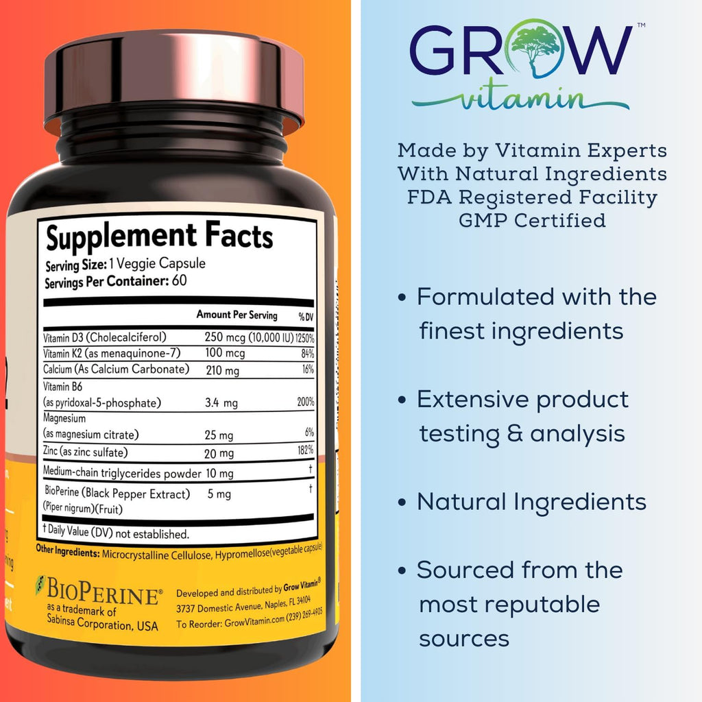 grow vitamin D3 K2 con MCT Oil - 10.000 UI D3, 100 mcg K2 MK-7, Calcio, Zinc, BioPerine, Magnesio - 60 Cápsulas