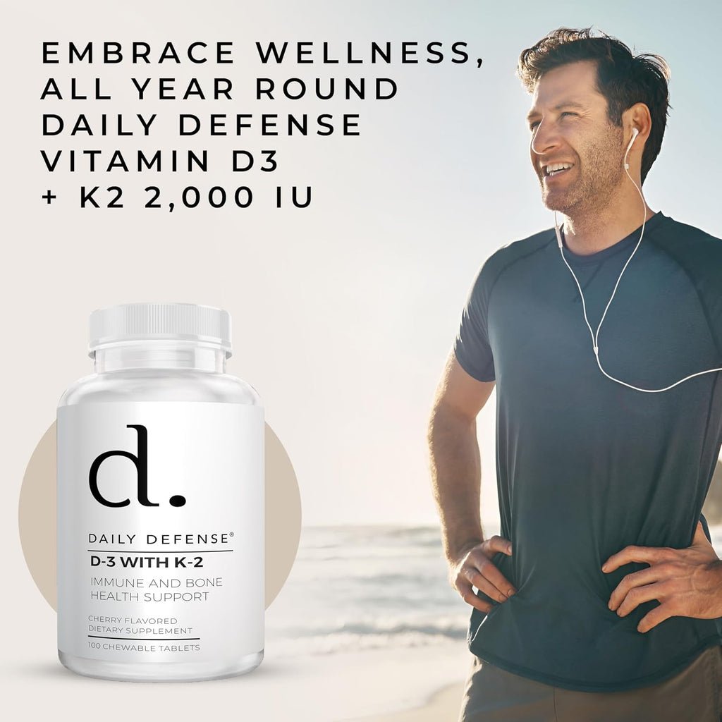 Daily Defense - Vitamina D3 y K2 2000 UI, 100 Comprimidos Masticables