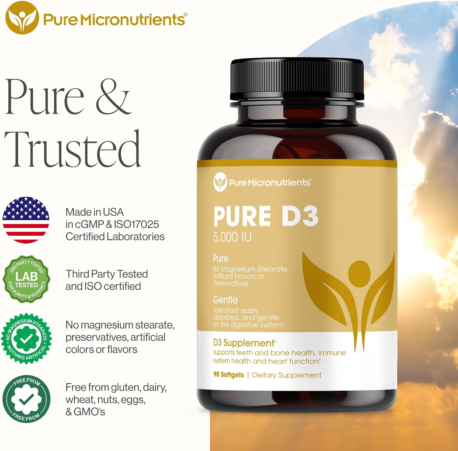 Pure D3 5000 UI – Suplemento de Vitamina D3 (Colecalciferol), 90 Minicápsulas