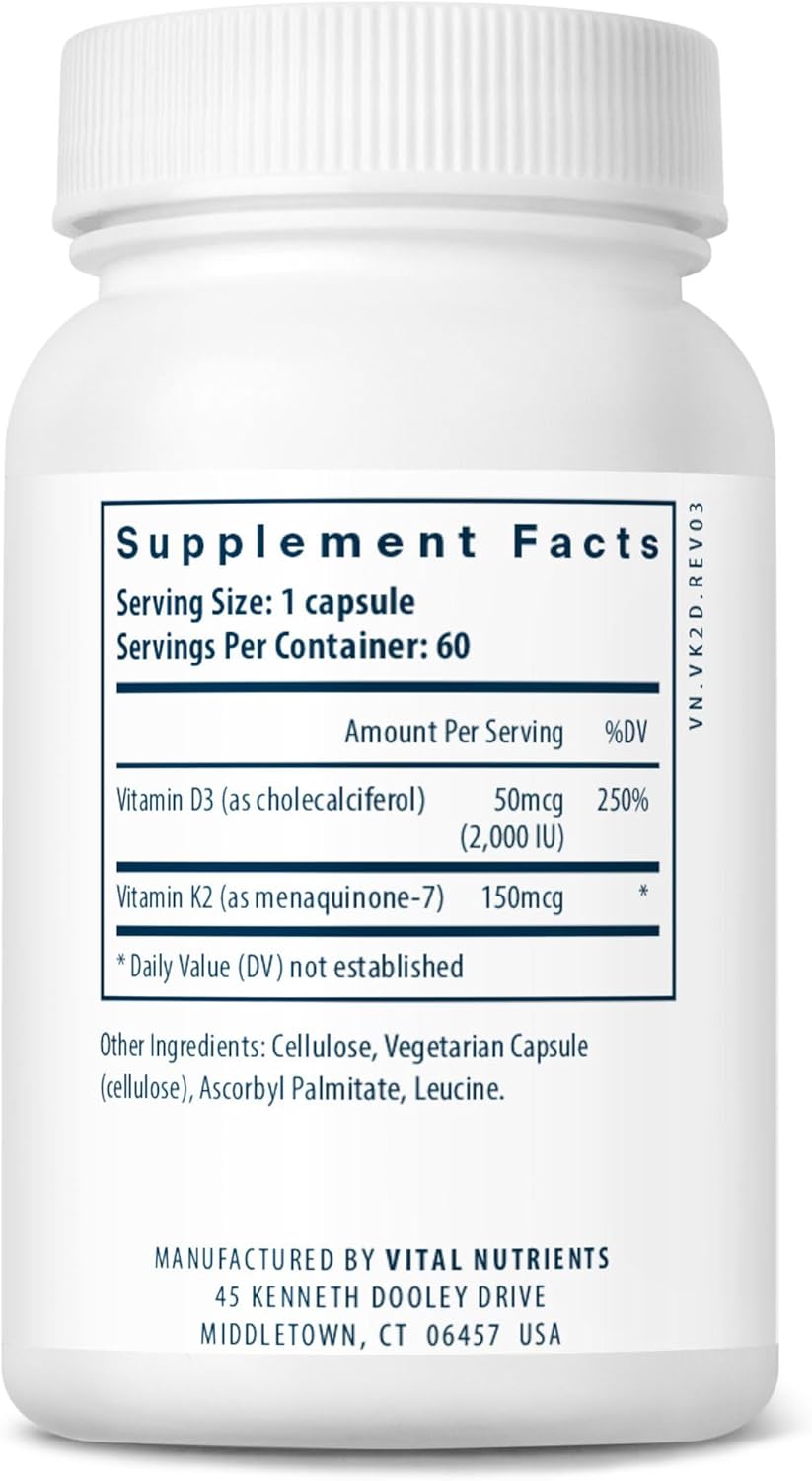 Vital Nutrients Vitamina D3 + K2 | 2000 UI | 60 Cápsulas