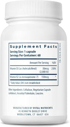 Vital Nutrients Vitamina D3 + K2 | 2000 UI | 60 Cápsulas