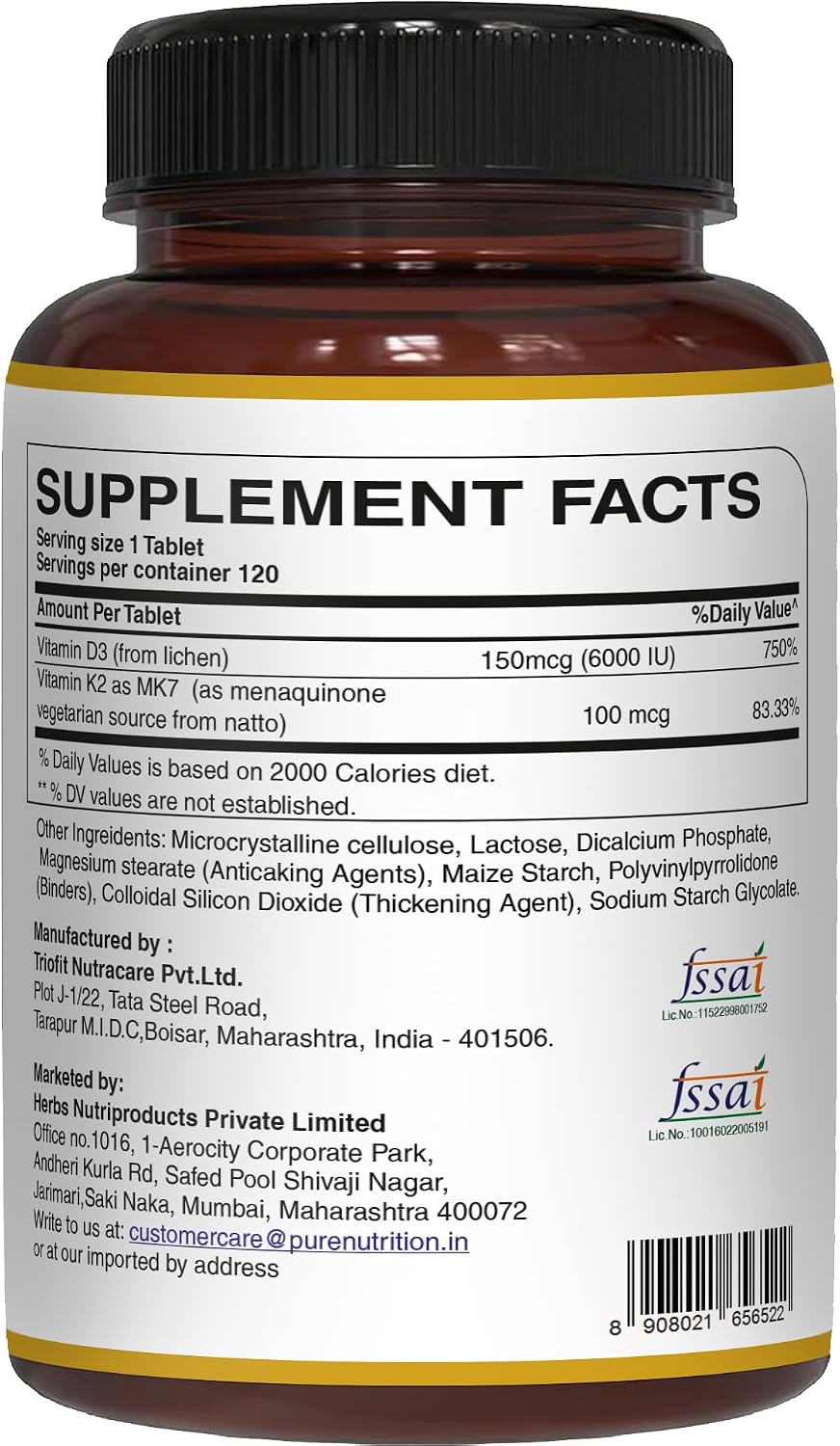 Pure Nutrition Vitamina D3 + K2 MK-7 | 120 Comprimidos Veganos | 6000 UI D3 + 100 mcg K2