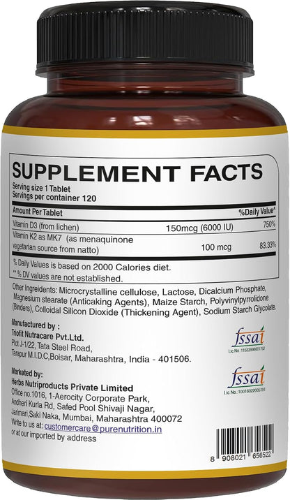 Pure Nutrition Vitamina D3 + K2 MK-7 | 120 Comprimidos Veganos | 6000 UI D3 + 100 mcg K2