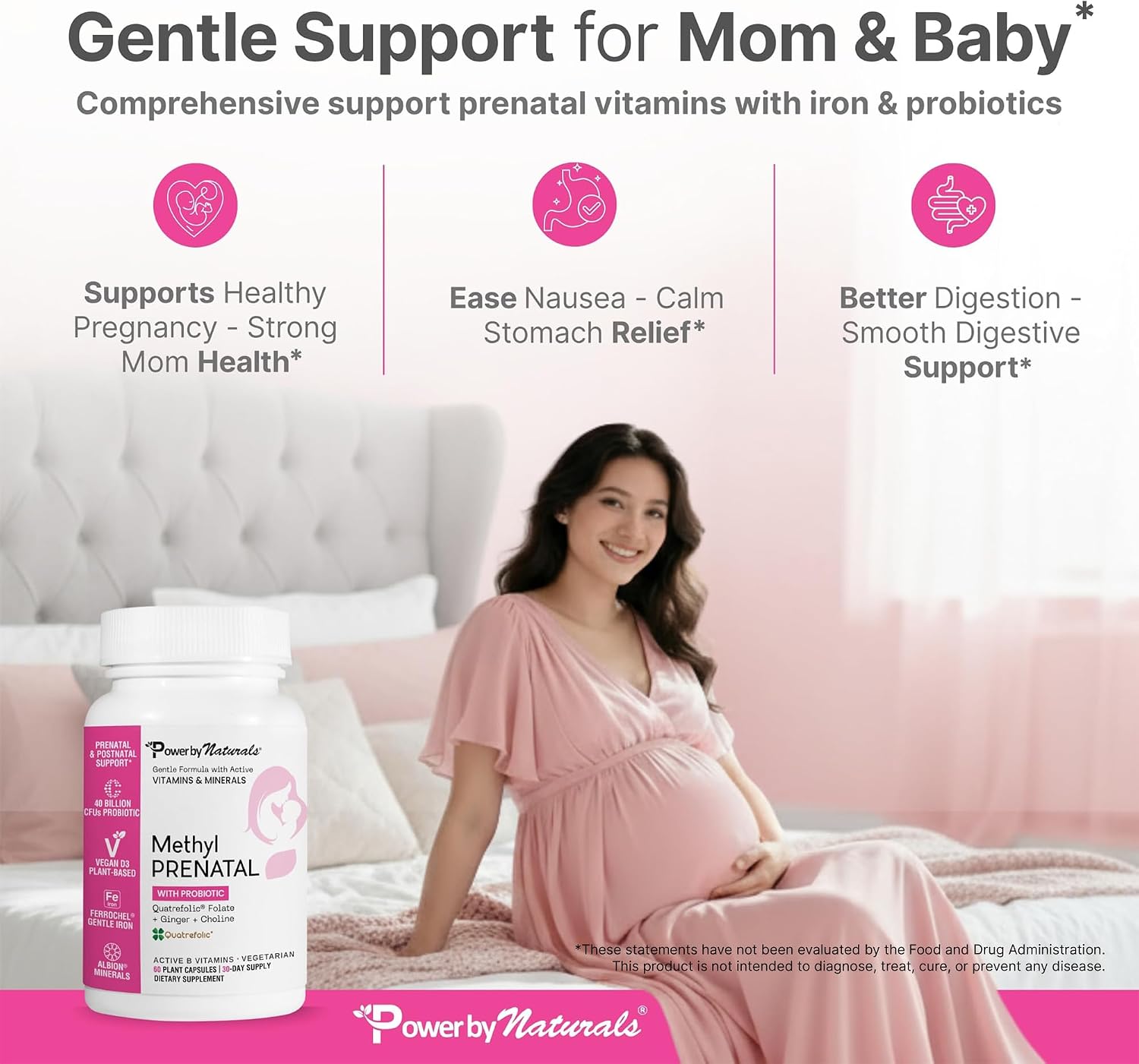 Power By Naturals Methyl Prenatal con Probióticos – Vitaminas prenatales con hierro, metilfolato, B12 y 28 nutrientes y botánicos – Vegano, sin gluten – 60 cápsulas (1 mes)