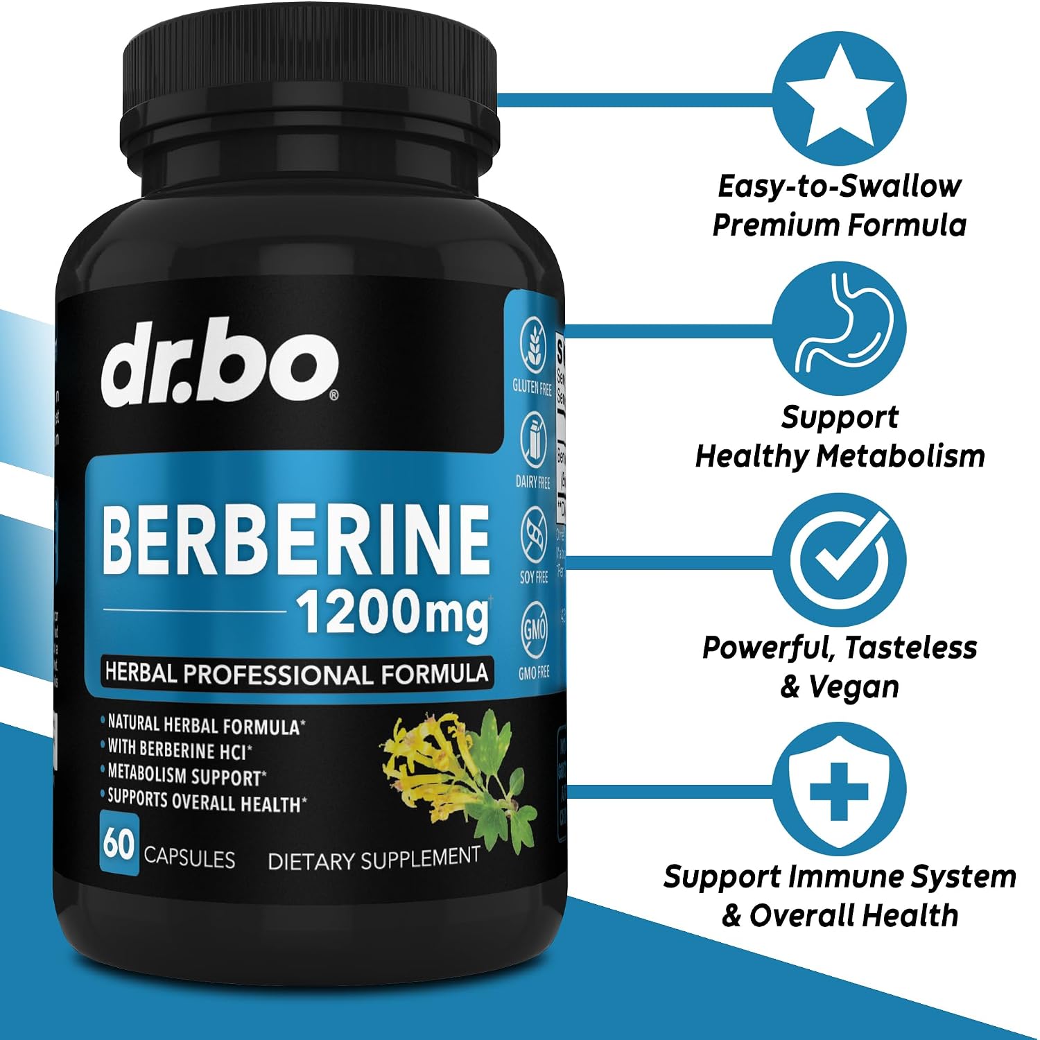 Berberina 1200mg Cápsulas - Suplemento de Berberina HCL - Apoyo Metabólico Saludable - 60 Comprimidos