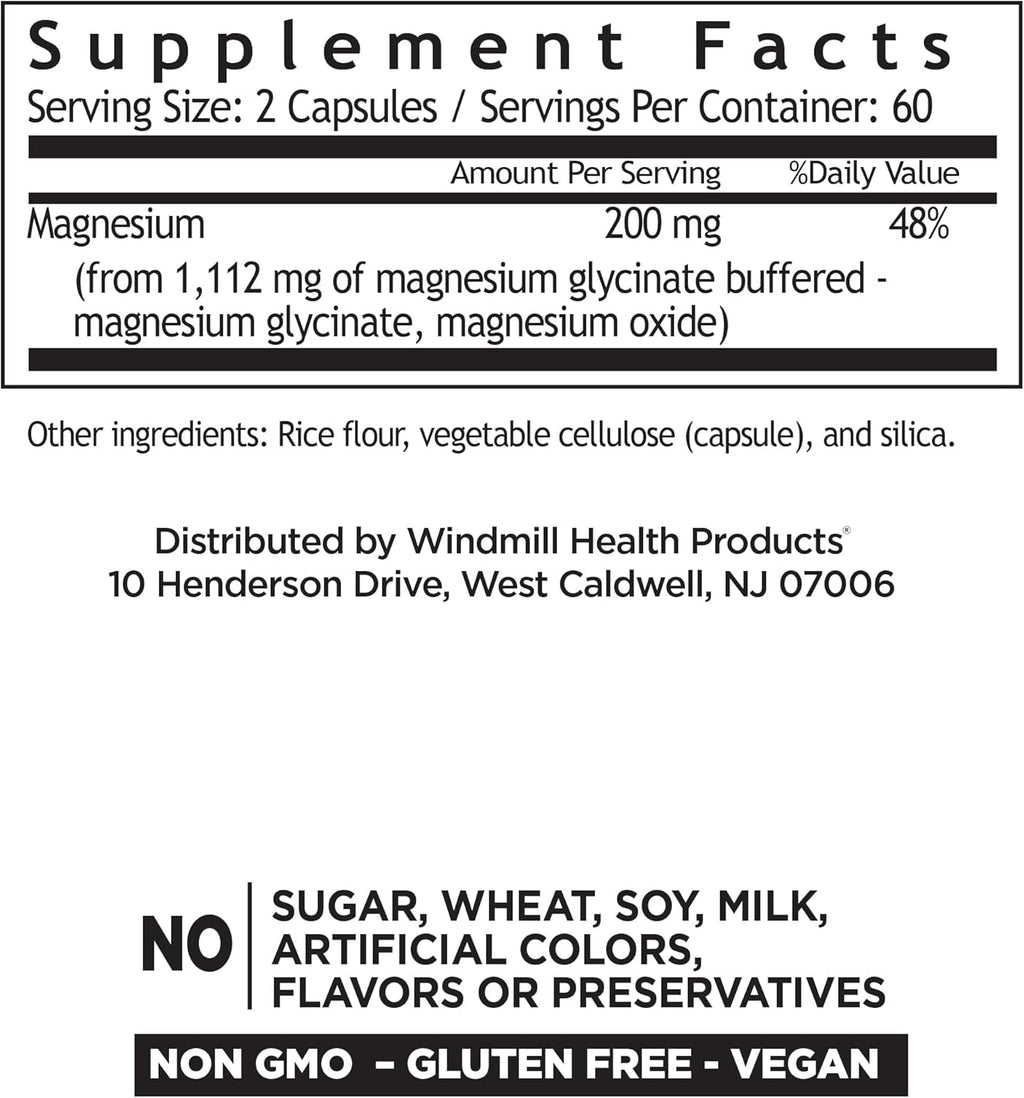 Windmill Magnesio Glicinato 200mg – Alta Absorción – 120 Cápsulas – Sin Gluten, Vegano, No-GMO