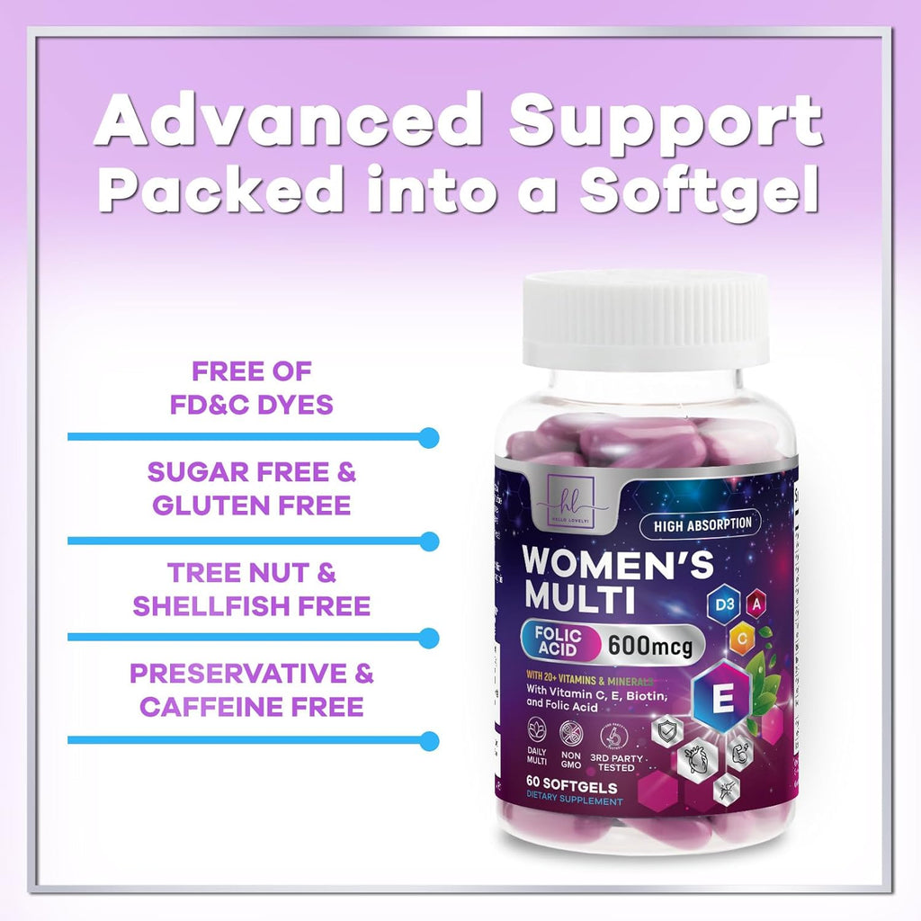Multivitamínico para Mujeres - Completo Diario con Biotina, Calcio, Ácido Fólico, Hierro, Zinc, Vitaminas A, C, D, E y B - Suplemento para Piel, Cabello y Uñas - 60 Cápsulas Blandas