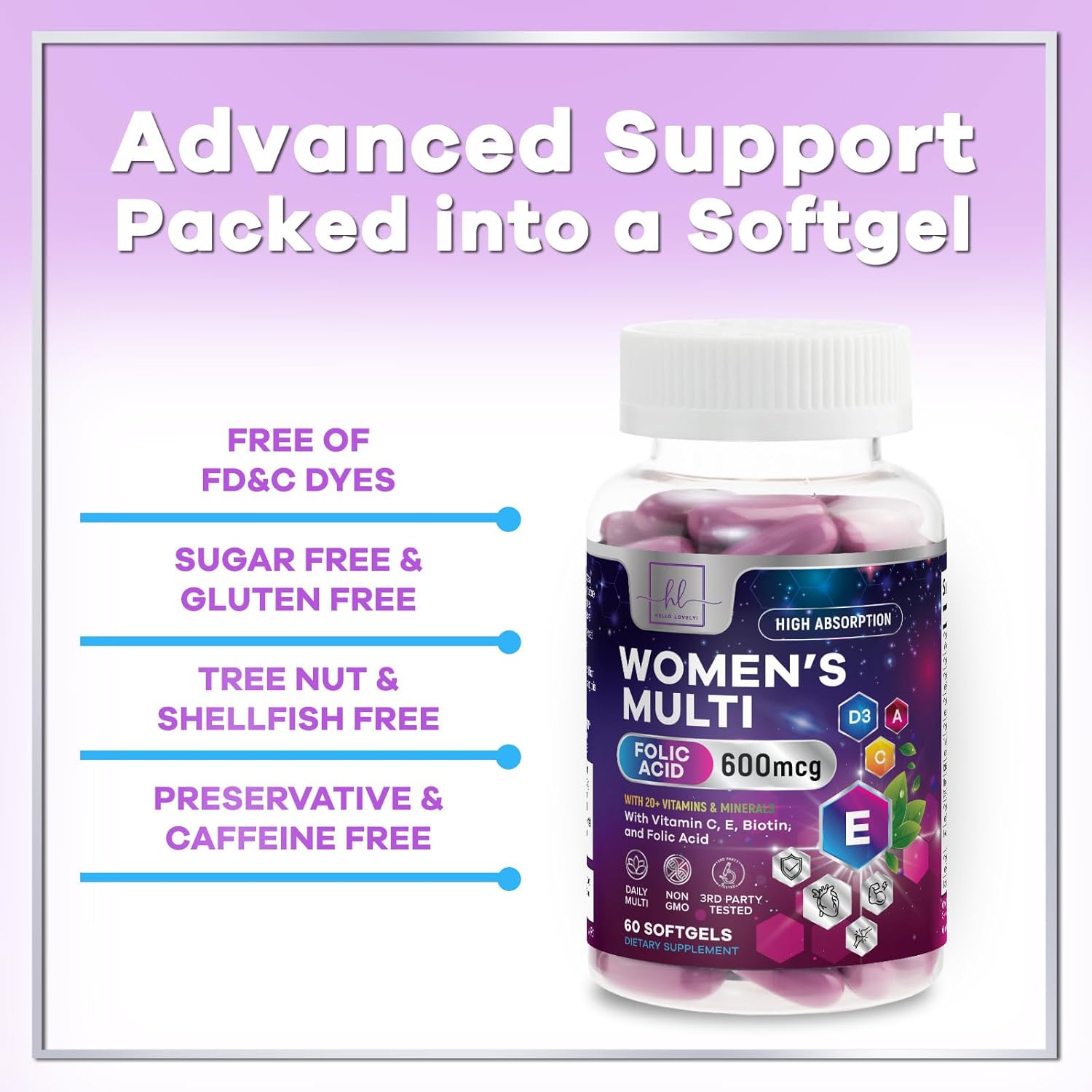 Multivitamínico para Mujeres - Completo Diario con Biotina, Calcio, Ácido Fólico, Hierro, Zinc, Vitaminas A, C, D, E y B - Suplemento para Piel, Cabello y Uñas - 60 Cápsulas Blandas