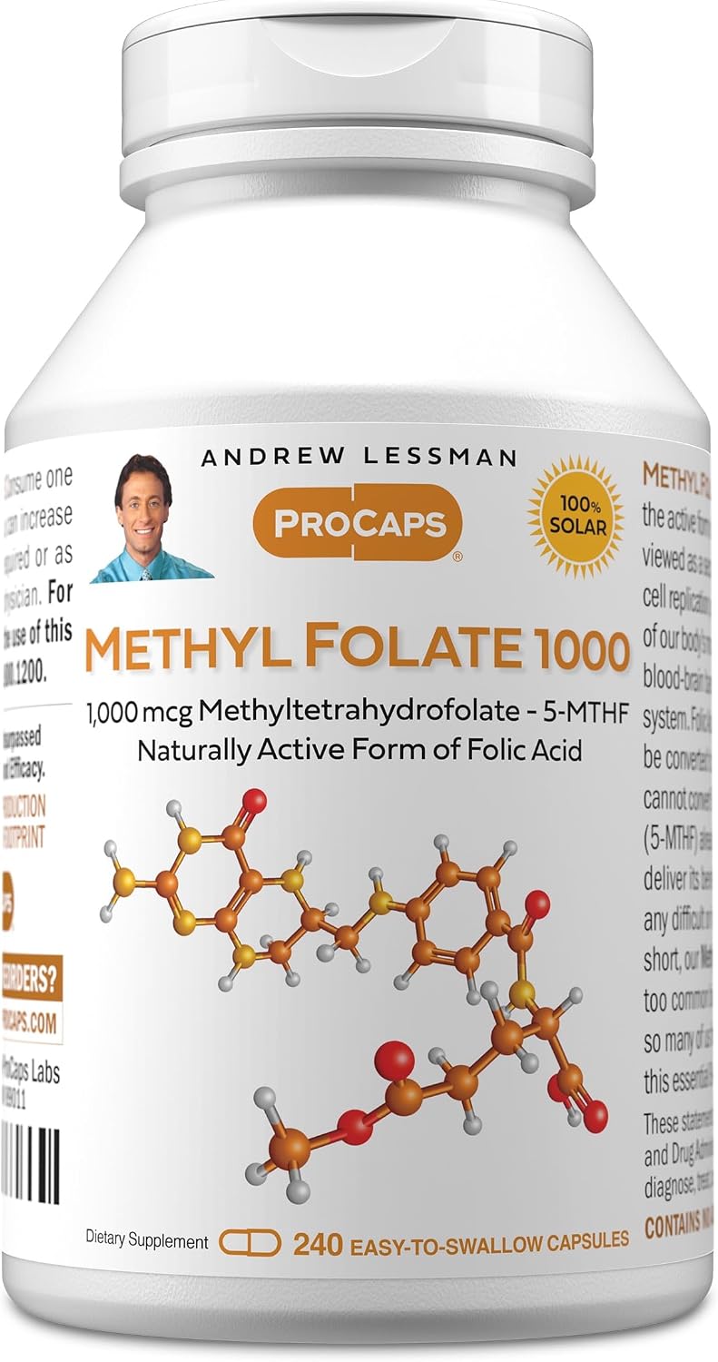 ANDREW LESSMAN Metilfolato 1000 mcg - 120 Cápsulas - Metilfolato Activo 5-MTHF - Complemento Alimenticio de Vitamina B9