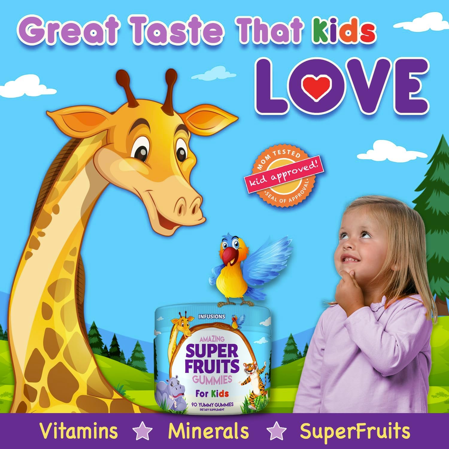 Infusions Super Fruit Gummies para Niños – 90 Gomitas – Mezcla de Superfrutas con Vitamina C y Zinc – Sabor Sandía