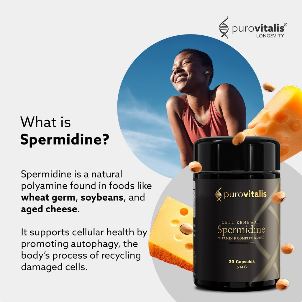 PUROVITALIS Spermidina Liposomal 5mg con Zinc, Vitamina D3 y B12 - 30 Cápsulas Veganas
