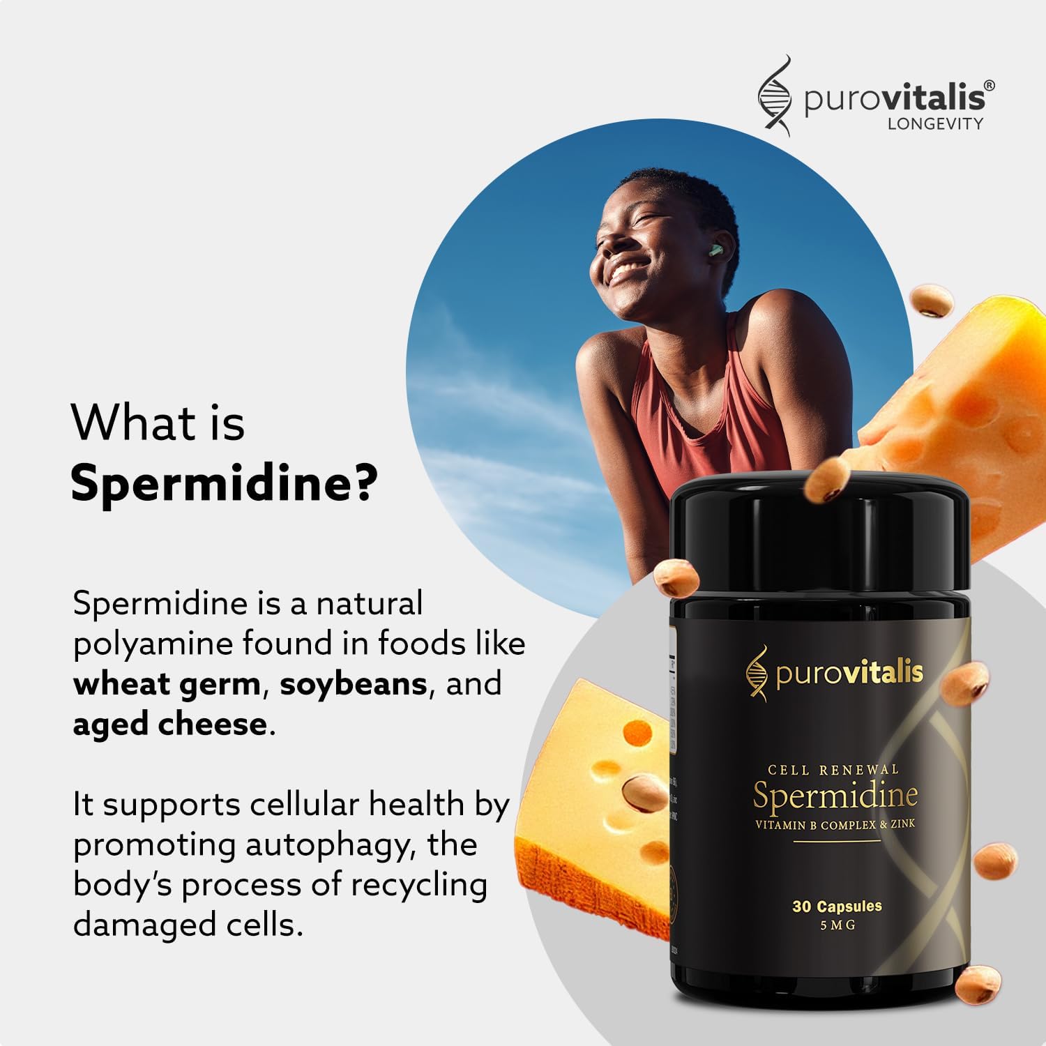 PUROVITALIS Spermidina Liposomal 5mg con Zinc, Vitamina D3 y B12 - 30 Cápsulas Veganas